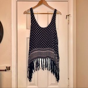 Loose/flowy navh blue/white top with fringe